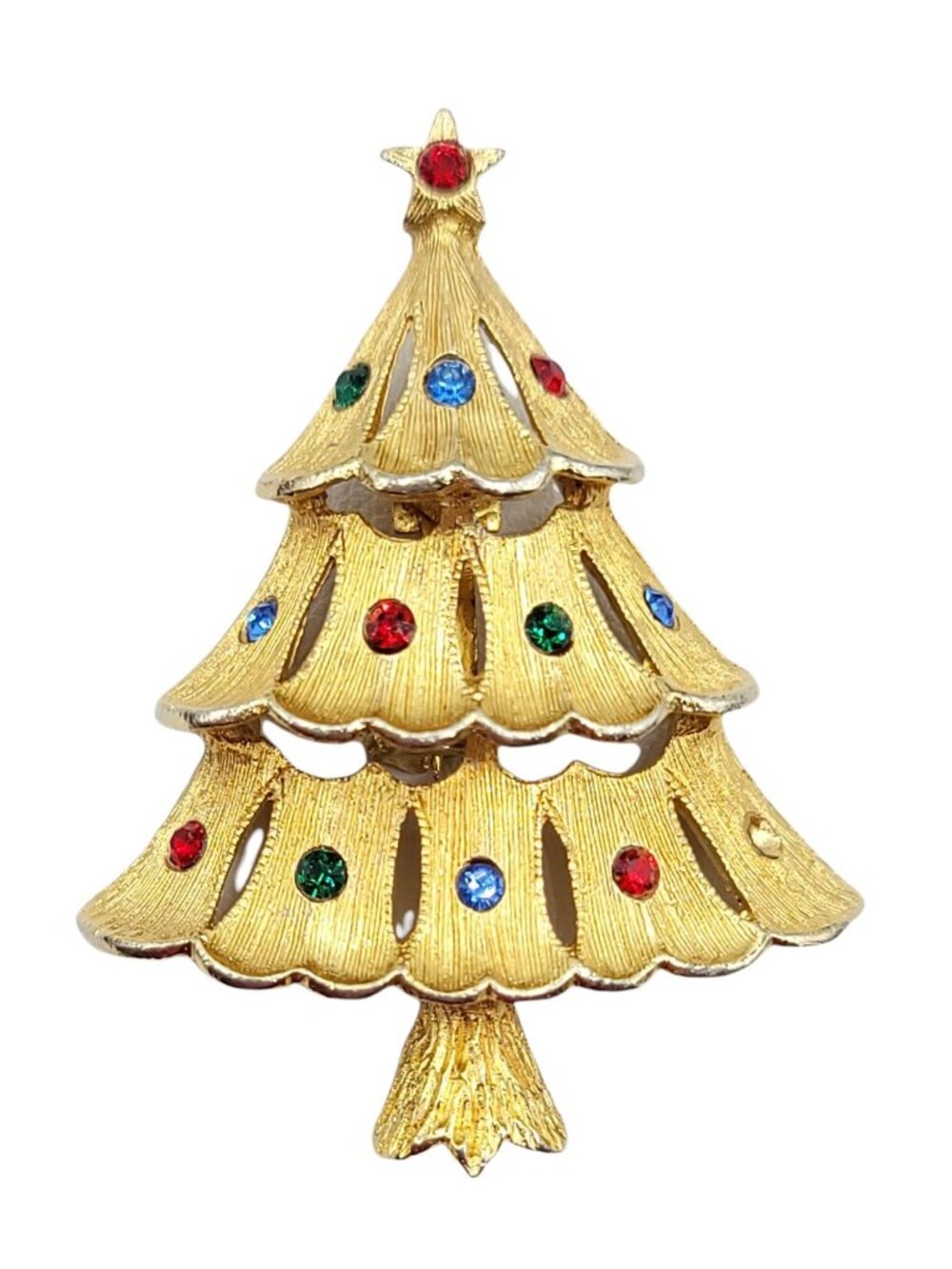 JJ Jonette Gold Tone Red Green Blue Rhinestone Christmas Tree Brooch, Signed